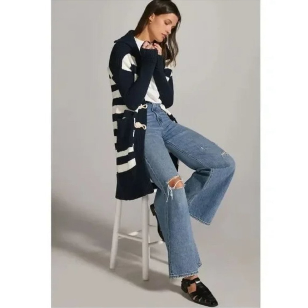 Anthropologie Maeve Navy White Nautical toggle knit long cardigan sz small - Picture 3 of 9